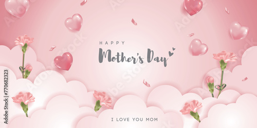 Mother's day banner with carnations and heart balloons  on cloud