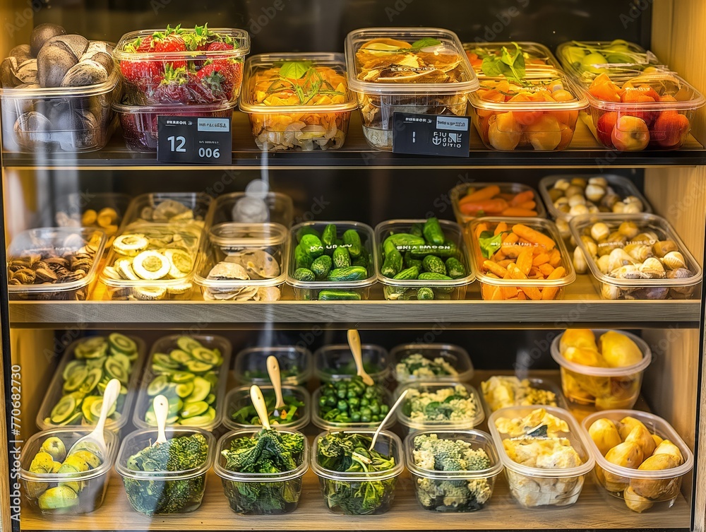 A display of food in a glass case with a variety of vegetables and fruits. Scene is healthy and fresh