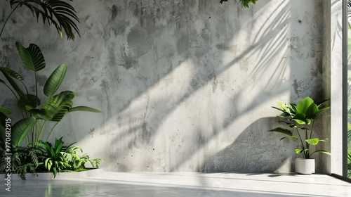 A minimalist interior featuring a blank concrete wall, complemented by a tropical plant garden