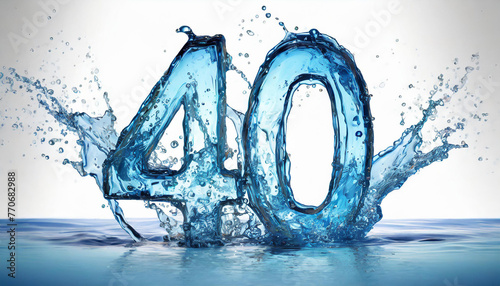 Number 40 made of water with splashes on white background. Blue liquid figure. 3D rendering.