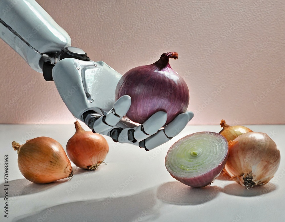 A robot hand holding a peeled onion, its layers exposed, against a