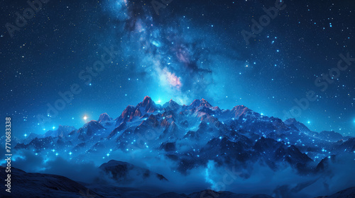 snow-capped mountain peaks under a starry sky with the Milky Way visible