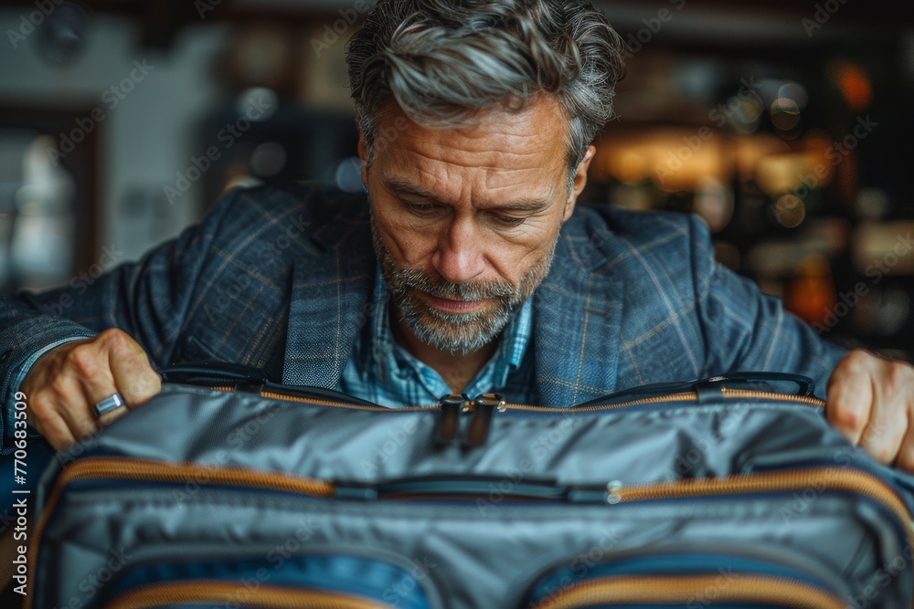An attentive mature man focused on checking the contents of his open suitcase in a dimly lit setting An attentive mature man focused on checking the contents of his open suitcase in a dimly lit setting