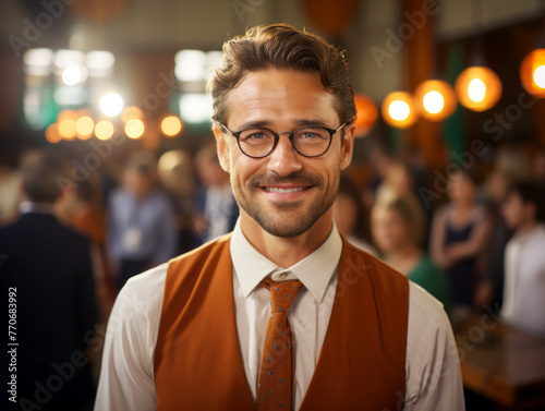 Charismatic and stylish man with glasses smiles warmly at a social gathering, wearing a vest and tie. Generative AI
