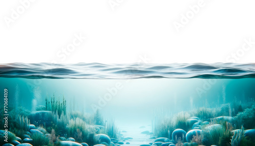 Tranquil oceanic landscape with marine flora, soft lighting, and gradient blue ambiance. Generative AI