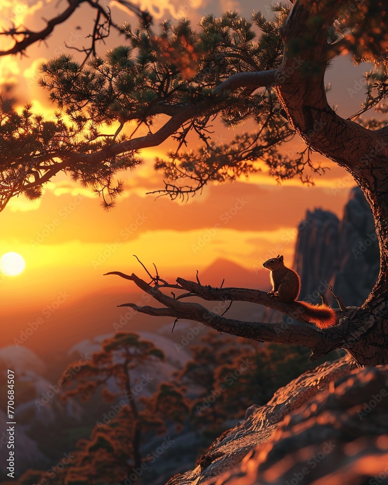 A serene plateau at sunset, with a squirrel perched on a tree branch, 3D style