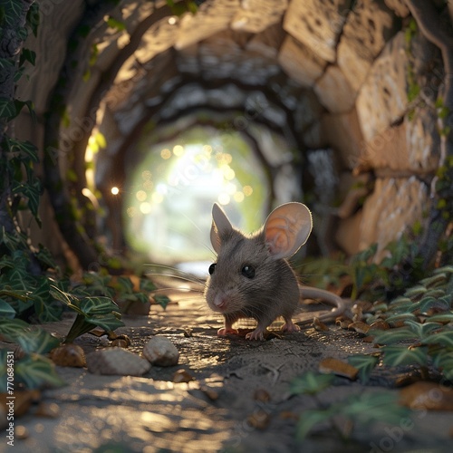 A tiny mouse exploring a hidden underground tunnel  3D style
