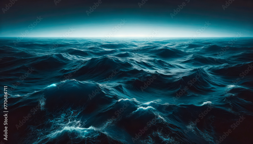 An image depicting a dark, tumultuous ocean with cresting waves against a twilight horizon, highlighting the power of nature on a deep blue background, Generative AI. Generative AI