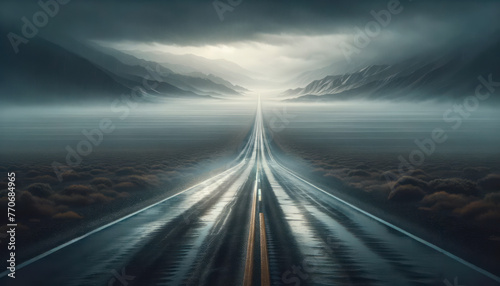 A misty road stretching into the distance with mountains and a dramatic sky  set against a moody backdrop  evoking a concept of journey. Generative AI