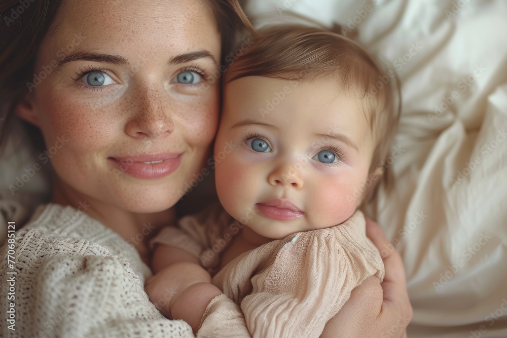 A close-up portrait of a young mother embracing her baby, both with striking blue eyes A close-up portrait of a young mother embracing her baby, both with striking blue eyes