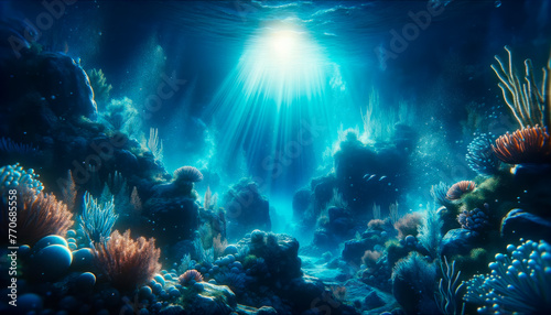 An underwater scene with coral reefs and marine life, illuminated by sunbeams, on a deep blue ocean background illustrating the concept of marine biodiversity. Generative AI