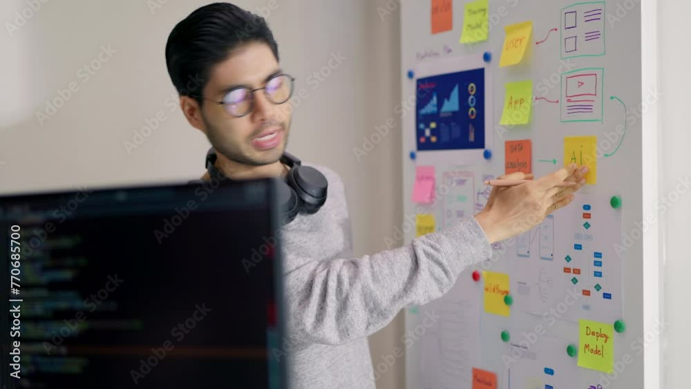 Vidéo Stock Focused Asian programmer gesturing towards a whiteboard ...