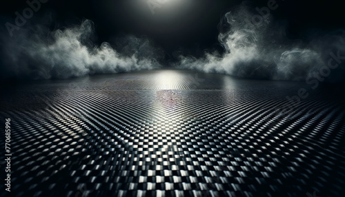 Metallic grid surface with a dark, smokey background, illuminated by a spotlight, concept of mystery, Generative AI. Generative AI