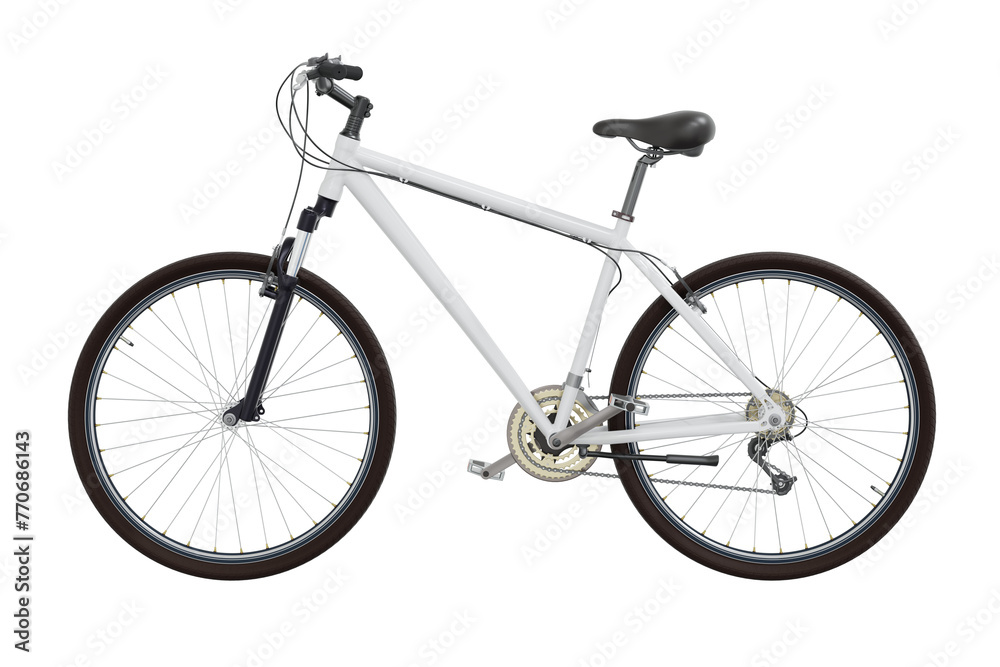 White bicycle with black leather saddle and handles. Png clipart isolated on transparent background