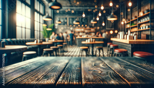 A cozy interior of a vintage cafe with wooden tables, hanging lights, and a warm ambiance. Generative AI