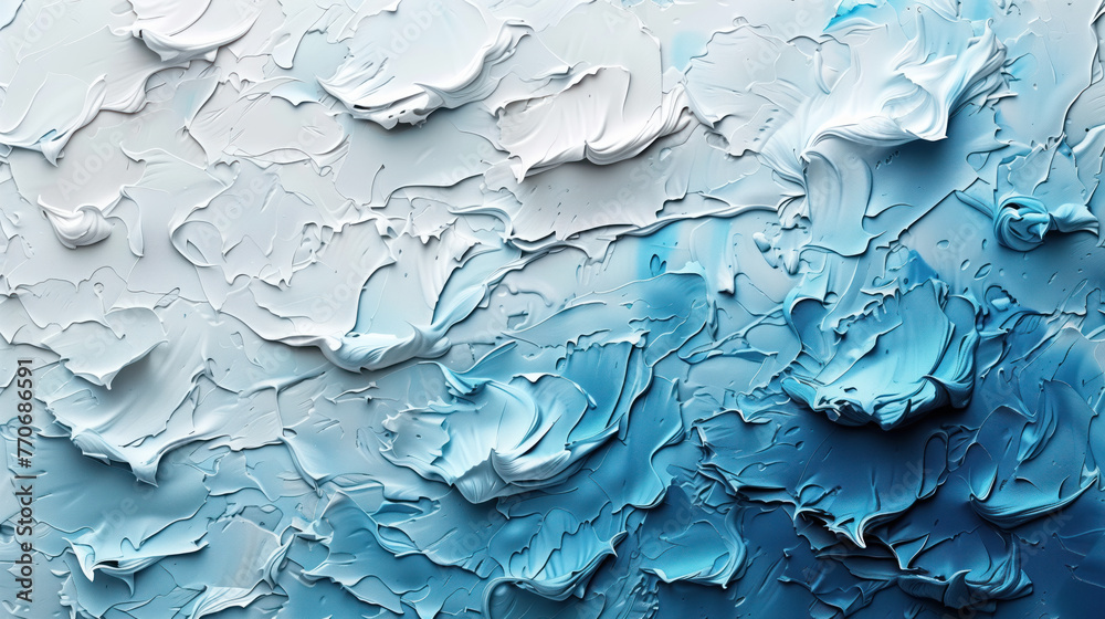 textured pictorial surface that combines shades of blue and white, creating associations with waves or icy patterns - obrazy, fototapety, plakaty 
