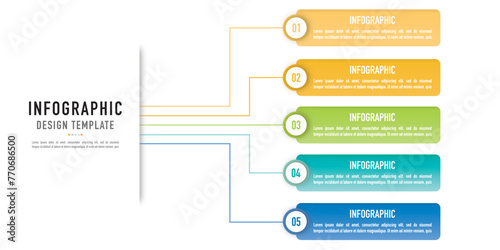 Infographic business template or element as a vector including 5 step, process, point, bullet, option, with colorful label, icons, tags on white background, mind map, for presentation, modern, flat