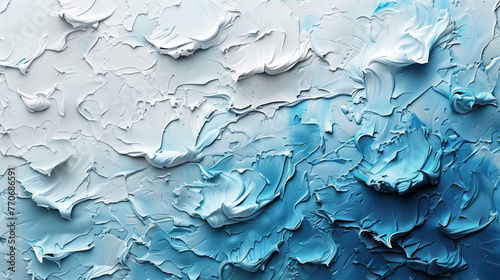 textured pictorial surface that combines shades of blue and white, creating associations with waves or icy patterns