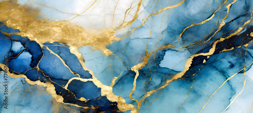 Watercolor background drawn by brush. Blue paints spilled on paper. Golden shiny veins. Generative AI.