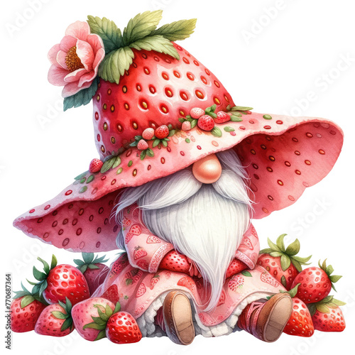 Whimsical gnome with a strawberry hat and cloak, surrounded by strawberries, in a fantasy illustration. photo