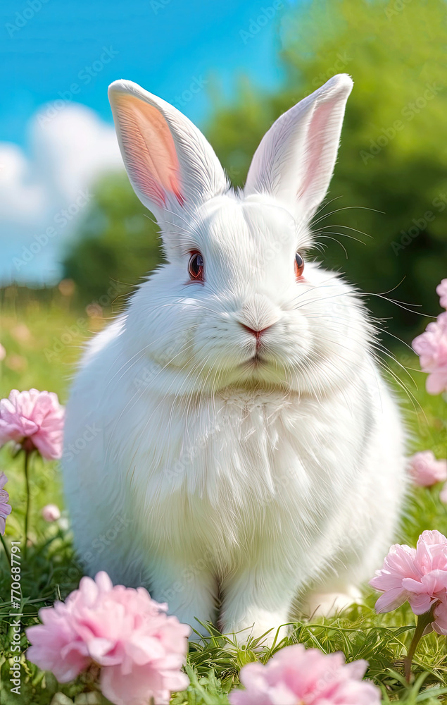 Obraz premium Easter rabbit, bunny on a floral background, 