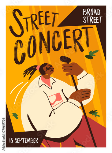 Promo flyer of music event. Advertisement placard of street singer performance. Artist sings song with microphone on stage, musician shows. Promotion poster of jazz concert. Flat vector illustration