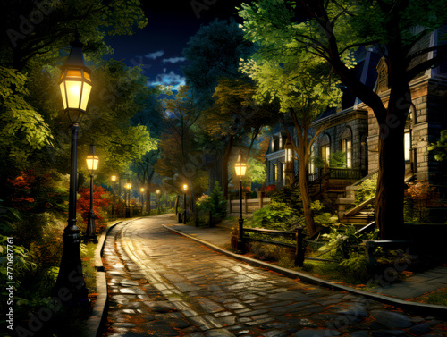 A cobblestone street at night lit by old-fashioned street lamps, surrounded by lush trees and historic buildings, evokes a peaceful, classical concept on a cloudy night background. Generative AI
