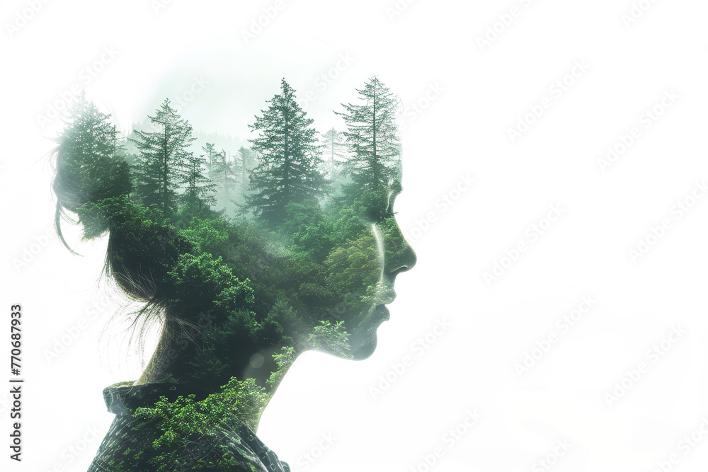 Silhouette of a woman with double exposure effect. A female head showing a green forest and beautiful nature. Environmental protection, global warming and climate change creative concept. Silhouette of a woman with double exposure effect. A female head showing a green forest and beautiful nature. Environmental protection, global warming and climate change creative concept.