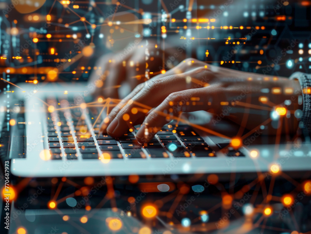 Close-up of hands typing on a laptop keyboard with glowing digital connections overlay, against a dark techie background, concept of cybersecurity. Generative AI Close-up of hands typing on a laptop keyboard with glowing digital connections overlay, against a dark techie background, concept of cybersecurity. Generative AI