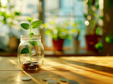 Plant growing in a glass jar with coins on a wooden table, symbolizing financial growth, sunny background. Generative AI