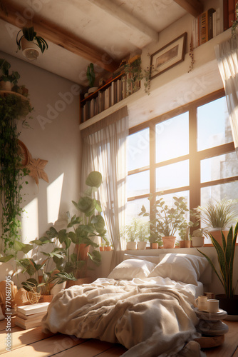 Bed in a modern cozy bedroom with large windows and indoor plants