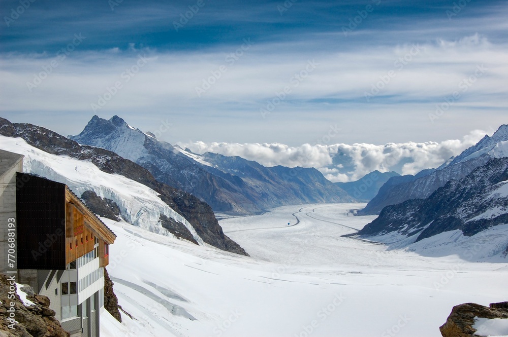 a building with a view of Glacier in Swiss Alps