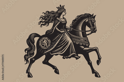 Medieval queen riding a horse. Vintage retro engraving illustration. Black icon, isolated element	