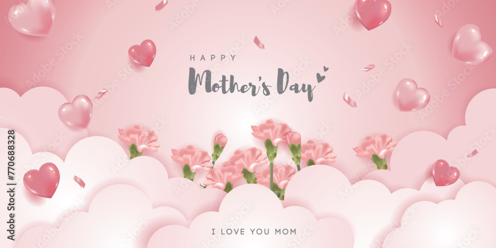 Mother's day banner with carnations and heart balloons  on cloud