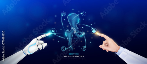 Hip joint bone in atom. Doctor and robot finger touching icon AI cross symbol. Health care too artificial intelligence cyborg or technology innovation science medical futuristic. Banner vector EPS10.