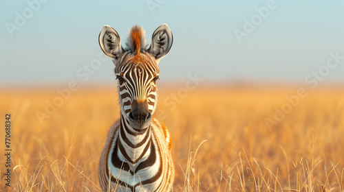 A zebra looking straight into the camera against a golden savannah backdrop