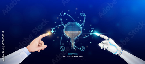 Bladder human in atom. Doctor and robot finger touching icon AI cross symbol. Health care too artificial intelligence cyborg or technology innovation science medical futuristic. Banner vector EPS10.
