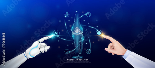 Bone knee joint in atom. Doctor and robot finger touching icon AI cross symbol. Health care too artificial intelligence cyborg or technology innovation science medical futuristic. Banner vector EPS10.