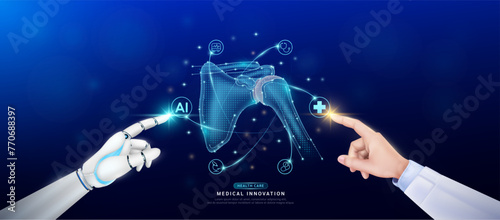 Bone shoulder joint in atom. Doctor and robot finger touching icon AI cross symbol. Health care too artificial intelligence cyborg or technology innovation science medical futuristic. Banner vector.