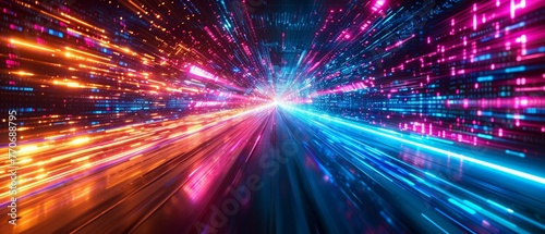Speed of light in data, neon abstract tech flow