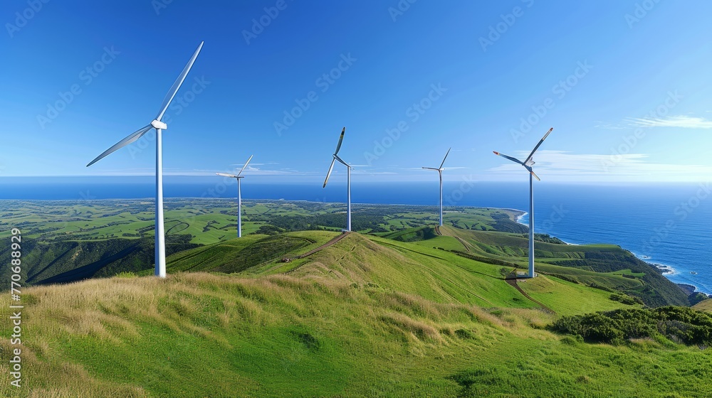 Renewable energy concept: panoramic landscape of the grass field hill with wind turbine generators