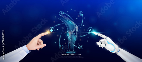 Knee joint bone in atom. Doctor and robot finger touching icon AI cross symbol. Health care too artificial intelligence cyborg or technology innovation science medical futuristic. Banner vector EPS10.