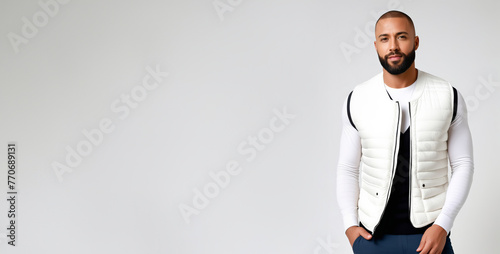 Confident African American man in stylish casual attire posing against a neutral background, ideal for modern lifestyle and urban fashion themes photo