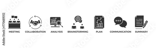 Brief banner web icon for a briefing of business plan with an icon of meeting, collaboration, analysis, brainstorming, plan, communication, and summary	