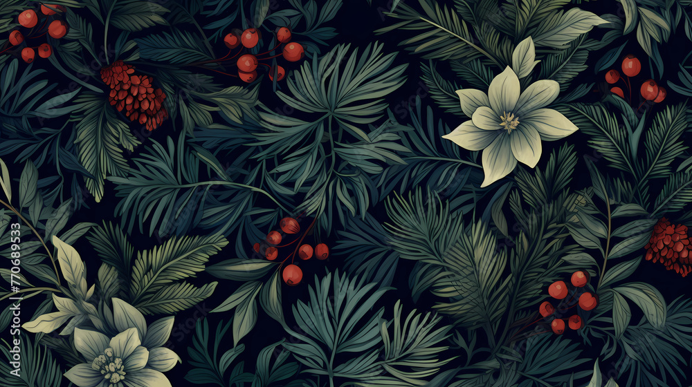 Seamless camouflage winter Christmas plants pattern wallpaper background