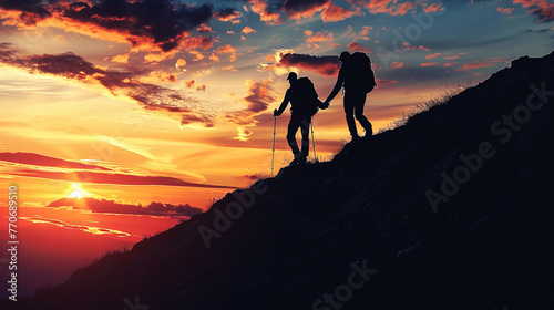 Silhouettes of two hikers holding hands on a mountaintop against a vibrant sunset  with a creative background and concept of adventure. Generative AI