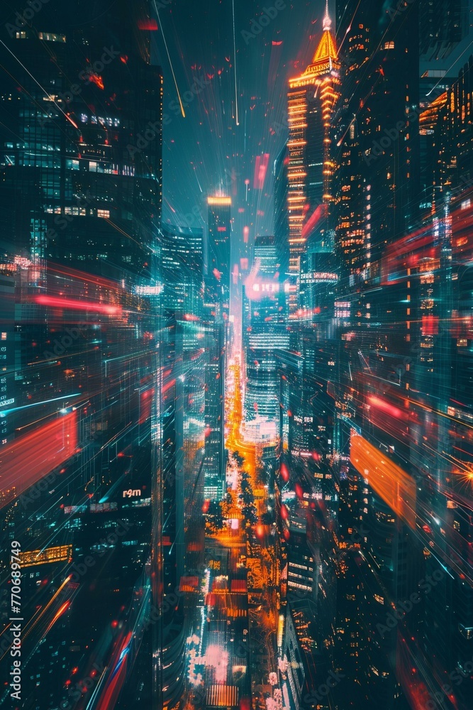 Obraz premium Internet core rush, abstract neon lights in flux