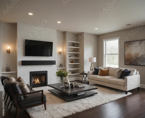 Modern luxury living room. Horizontal shot of a modern living room in an upscale home with lounge chairs  and a view of the stairs and fireplace.1300
