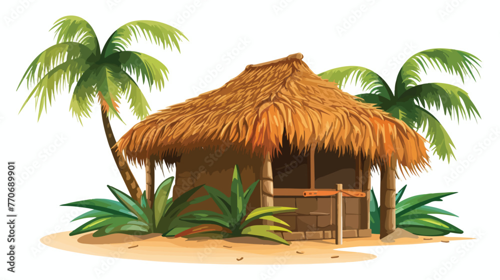 Hut or Bar with Thatched or Straw Roof and Palm Lea - obrazy, fototapety, plakaty 