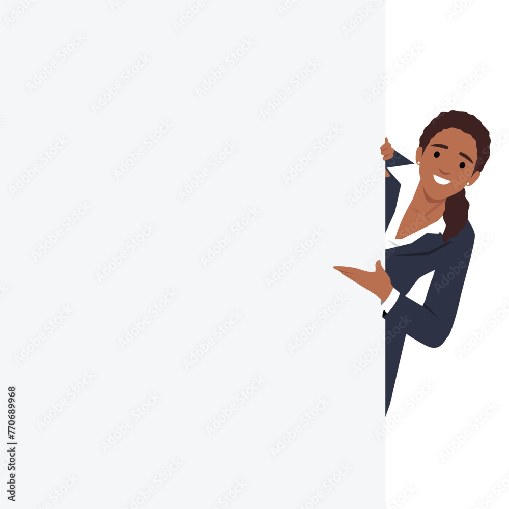Young business woman is standing behind the white blank banner and pointing down at a copy space. Flat vector illustration isolated on white background Young business woman is standing behind the white blank banner and pointing down at a copy space. Flat vector illustration isolated on white background